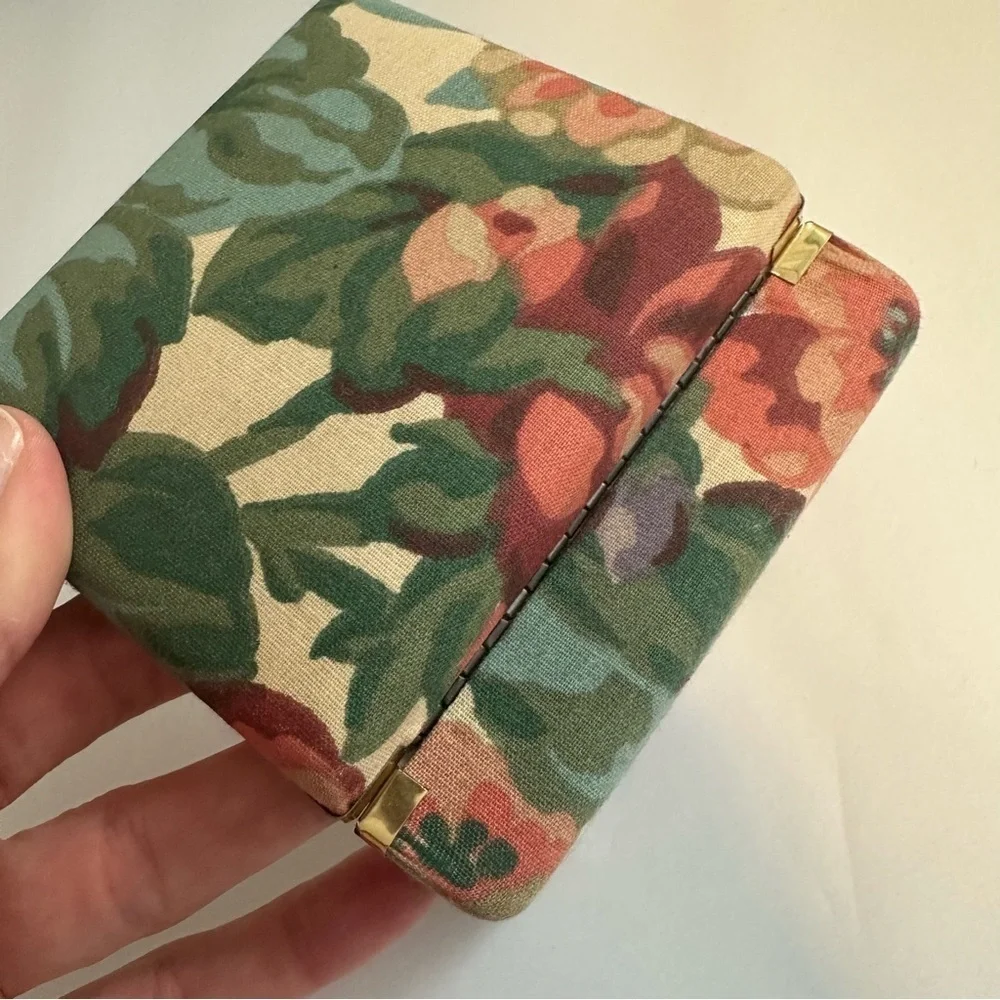 Vintage Floral Fabric Covered Jewelry Box Clam Shell With Mirror